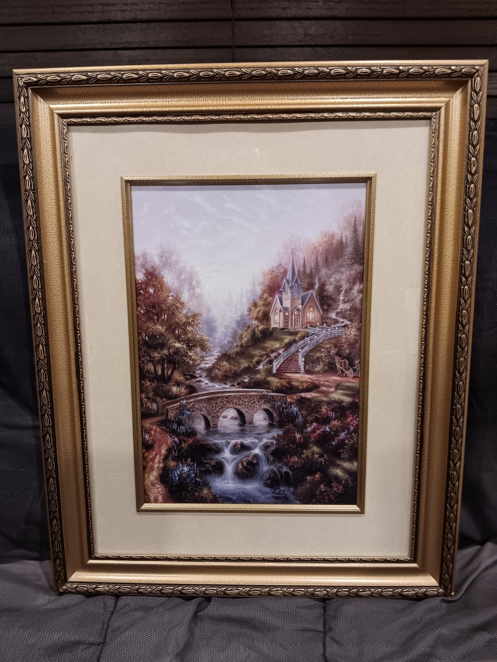 Framed Chapel Landscape Wall Art in Gold and Cream